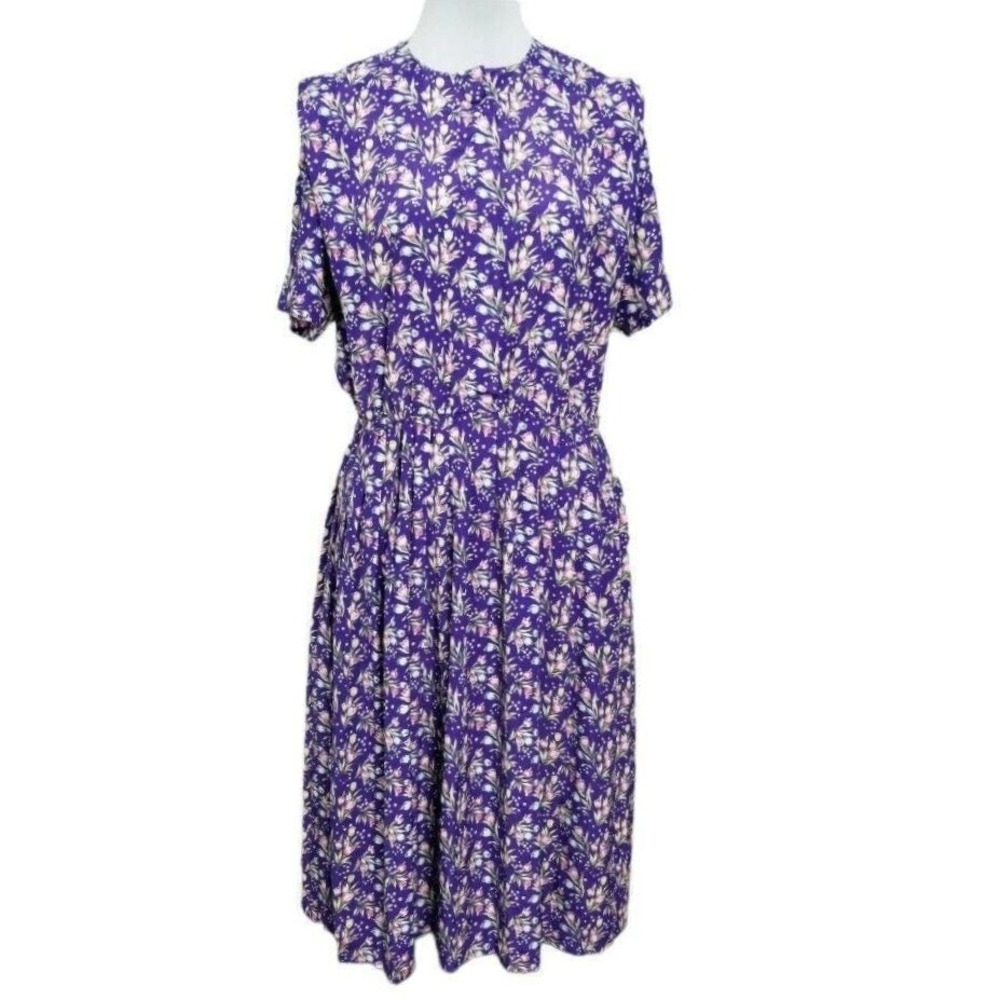 Vintage Leslie‎ Fay 90s Purple Floral Tulip Midi Dress Short Sleeve Size 10